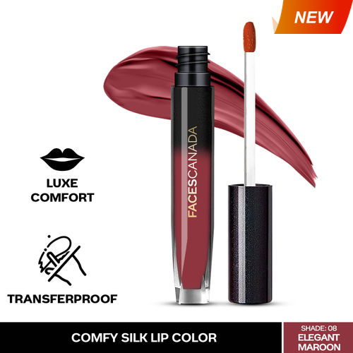 FACES CANADA Comfy Silk Liquid Lipstick - Elegant Maroon 08, 3 ml | Satin Matte HD Finish | Luxe Comfort | Longlasting | No Dryness | Smooth Texture | Mulberry Oil & Shea Butter For Plump Hydrated Lips