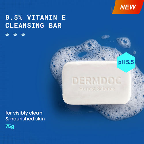 DermDoc by Purplle 0.5% Vitamin E Cleansing Bar (75 gm) | Soap Free, Alkali Free | Mild, Gentle Cleansing Soap, Moisturising Soap, pH 5.5 Soap | vitamin e for dry skin | facial cleansing bar