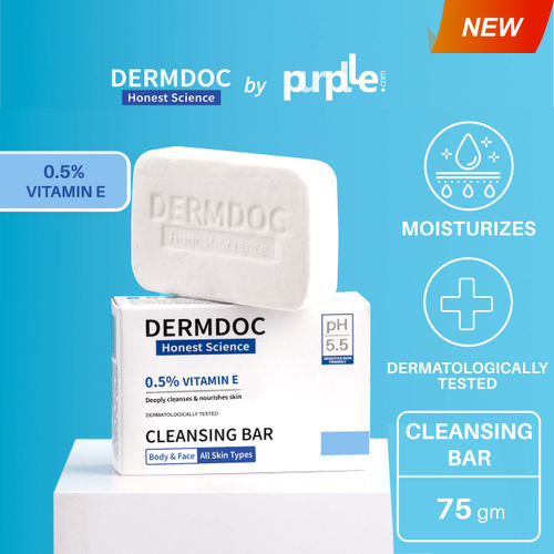 DermDoc by Purplle 0.5% Vitamin E Cleansing Bar (75 gm) | Soap Free, Alkali Free | Mild, Gentle Cleansing Soap, Moisturising Soap, pH 5.5 Soap | vitamin e for dry skin | facial cleansing bar