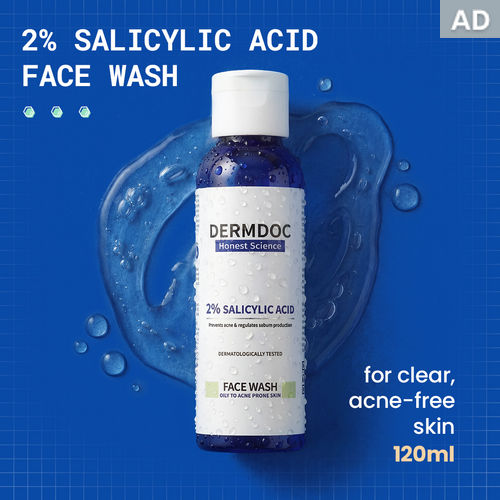 DERMDOC 2% Salicylic Acid Face Wash (120 ml) | Oily, Sensitive & Acne Prone Skin Friendly | Clears Pimples, Dark Spots, Whiteheads & Blackheads | Gentle Exfoliation