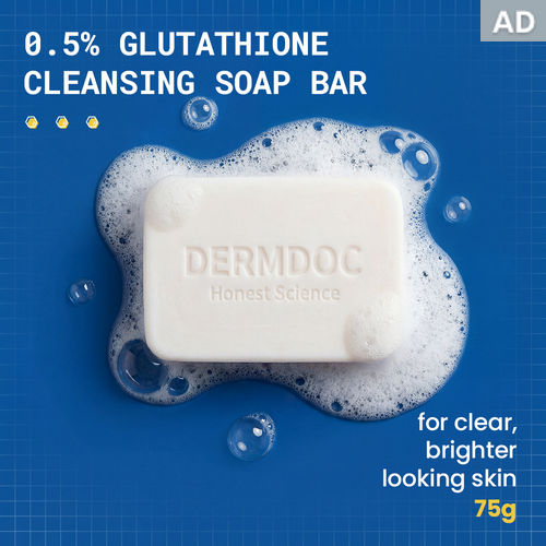 DERMDOC 0.5% Glutathione Cleansing Soap Bar (75 gm) | Soap Free Formula | Sensitive Skin Friendly | Skin Brightening | Gentle & Non-Drying