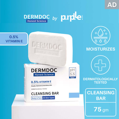 DermDoc by Purplle 0.5% Vitamin E Cleansing Bar (75 gm) | Soap Free, Alkali Free | Mild, Gentle Cleansing Soap, Moisturising Soap, pH 5.5 Soap | vitamin e for dry skin | facial cleansing bar