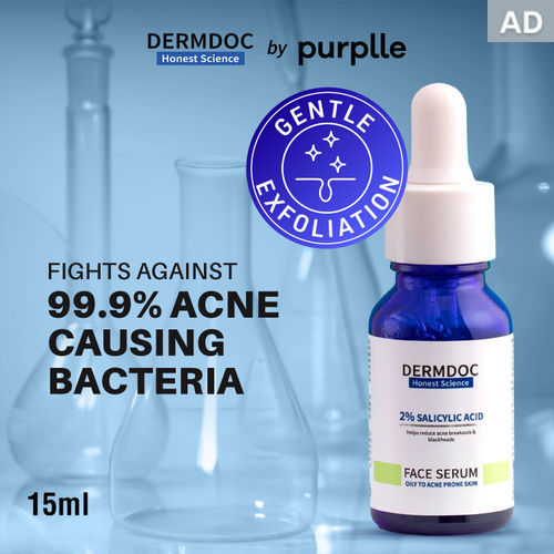 DERMDOC 2% Salicylic Acid Face Serum (15 ml) | For Blackheads & Whiteheads | Targets Active Acne | Calms Irritation & Unclogs Pores