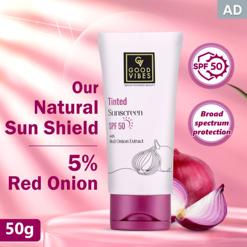 Good Vibes Red Onion Tinted Sunscreen SPF 50 | PA++++ | 5% Red onion Extract | Natural Shield | Glass Skin Effect | UV A & UV B Protection | Blue Light Protection | Sun Cream | Sunblock Sunscreen (50 gm)