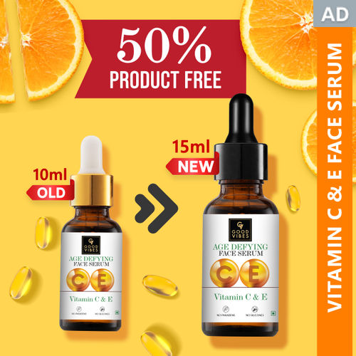 Good Vibes Vitamin C & E Age Defying Face Serum | Free 50% Product Extra | Fast Absorption | With Orange | No Parabens, No Silicones, No Sulphates, No Animal Testing (15 ml)