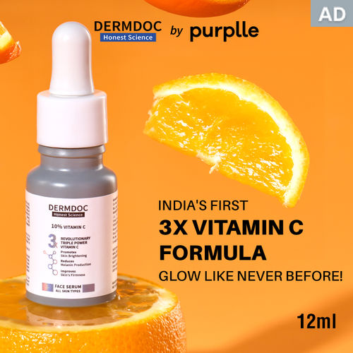 DERMDOC 10% Vitamin C Face Serum for Glowing Skin (12 ml) | Brightening Face Serum | Fight Dark Spots, Pigmentation & Dull Skin