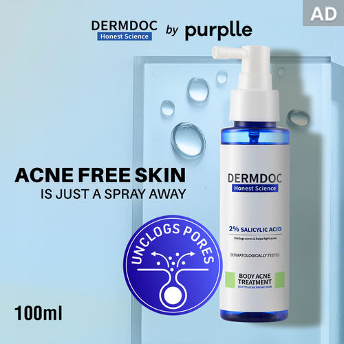 DERMDOC 2% Salicylic Acid Body Acne Treatment Spray (100 ml) | Acne Treatment | Body Acne Spray | Gentle Exfoliation | De-Tan & Softens Skin