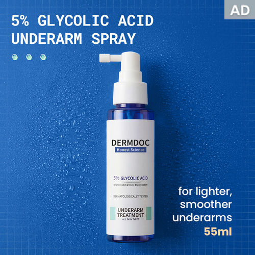 DERMDOC by Purple 5% Glycolic Acid Underarm Brightening Spray Treatment (55 ml) | Exfoliating & Brightening | MultiPurpose Spray for Hyperpigmentation, Dark Spots, Dark Neck, Dark Underarms & Strawberry Legs