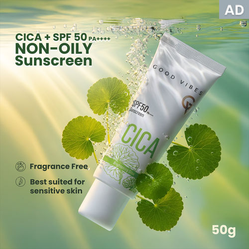 Good Vibes CICA Brightening Glow Sunscreen SPF 50 PA++++|Cica Extract, 3% Niacinamide, & Hyaluronic Acid|Brightening Sunscreen|Lightweight Aqua Gel|Non-Greasy|No White Cast|Fragrance-Free|Suitable for All Skin Types|Suitable for Oily Skin - 50 gm