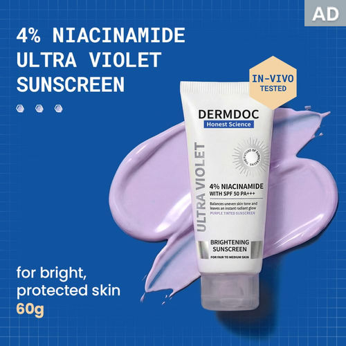 DERMDOC 4% Niacinamide Ultra Violet Brightening Sunscreen with SPF 50 PA+++ Sun Protection (60 gm) | Sunblock | Sunscreen for Oily Skin | UV Protection | With Shine Formula |&nbsp;Purple Tinted Sunscreen