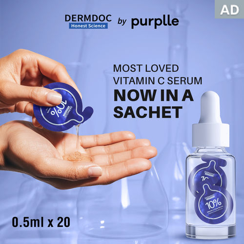 DERMDOC 10% Vitamin C Face Serum Glow Pods (Pack of 20 * 0.5 ml Each) (10 ml) | Potent Face Serum Sachets | Travel-Friendly | Brightening | Fights Dark Spots, Pigmentation & Dull Skin | Serum For Acne