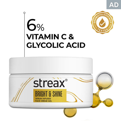 Streax Bright & Shine Serum Infused Face Cream Gel, 50 gm with 6% Vitamin C & Glycolic Acid