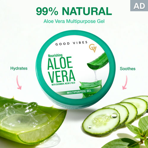 Good Vibes 99% Natural Aloe Vera Multipurpose Gel with Cucumber, Neem & Tulsi |Hydrating & Nourishing| Soothing & Refreshing | Fades Acne Marks & Blemishes | For Face, Hair & Body | Cooling & Non-Sticky Formula – 200 gm