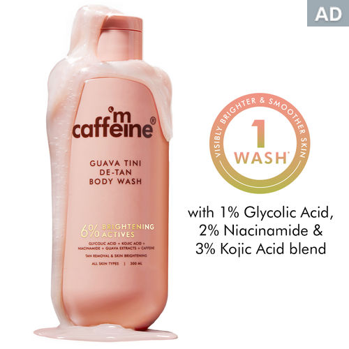 mCaffeine Detan Body Wash | 1% Glycolic, 2% Niacinamide, 3% Kojic Acid-Glutathione blend | Reduces Dark Spots & Brightens Skin | Tangy Guava- 300 ml