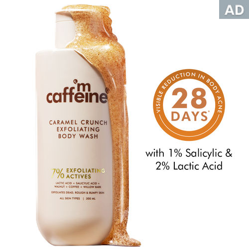 mCaffeine 7% Exfoliating Body Wash | 1% Salicylic Acid & 2% Lactic Acid Reduces Body Acne, Strawberry Skin & Smoothes | Sweet Caramel Fragrance- 300 ml