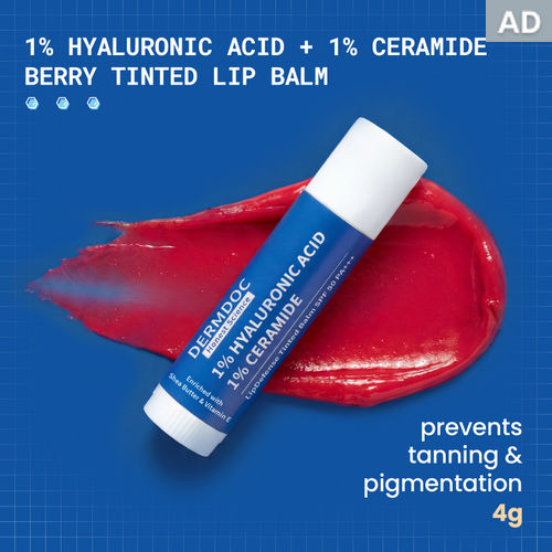 DermDoc 1% Hyaluronic Acid + 1% Ceramide Berry Tinted Lip Balm SPF 50 PA+++ 4 gm| Hydrates, Repairs & Protects Lips | UV Defense + 4 Hr Water Resistance | High Tint Coverage | Deep Moisturization | Sun Protection| Enriched with Shea Butter & Vitamin E