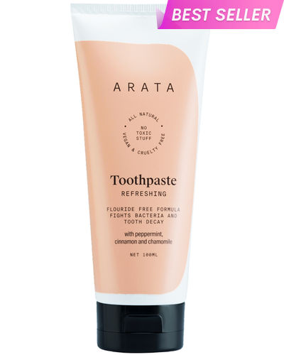 Arata Natural Refreshing Toothpaste with Peppermint ,Cinnamon & Chamomile || All Natural ,Vegan & Cruelty Free || Flouride Free Formula Fights Bacteria & Tooth Decay -100 ml