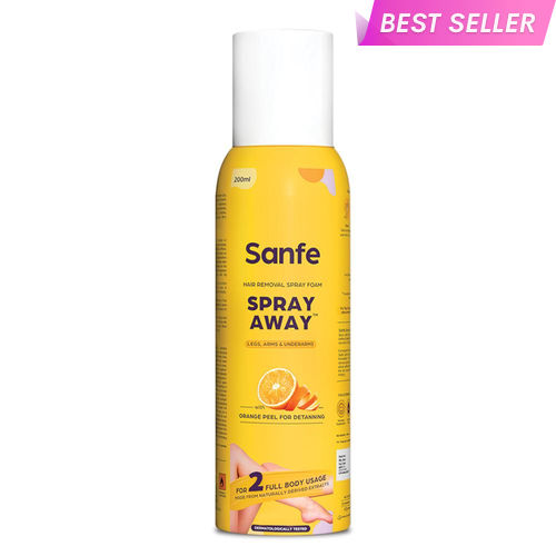 Sanfe Painless & Detan Hair Removal Spray Foam - 200ml | For Chest, Legs, Arms & UnderArm | Removes Hair in 10 Minutes with Skin Detan | Orange Peel, Aloevera, Vitamin E & Niacinamide