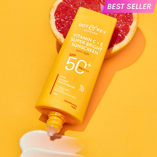 Dot & Key Vitamin C + E Super Bright Sunscreen SPF 50+++ | for Even Toned & Glowing Skin | No White Cast, WaterLight I UVA/B & Blue Light Protection I Better Vitamin D absorption | 50gm