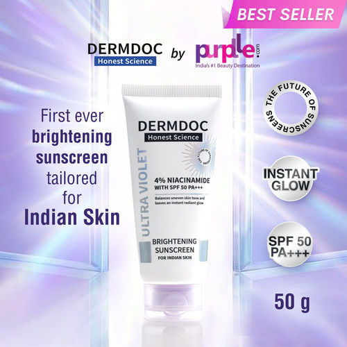 DERMDOC 4% Niacinamide Ultra Violet Brightening Sunscreen (50gm) | SPF 50 | PA +++| Purple Sunscreen | Brightening | Instant Glow | Lightweight | For Indian Skin Tone