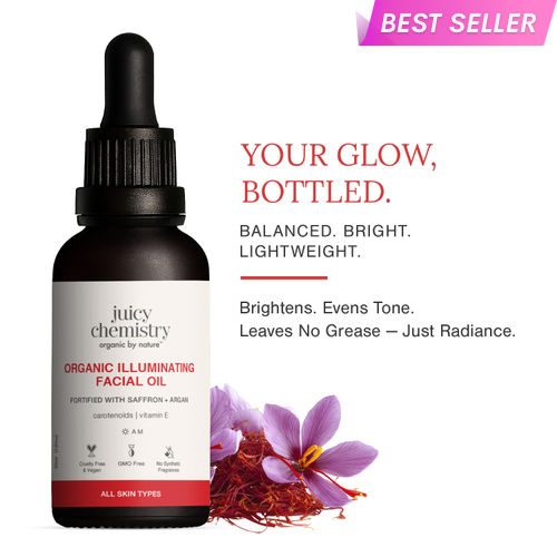 Juicy Chemistry Organic Illuminating Facial Oil with Saffron + Argan, 30 ml | Boosts Skin Glow | Promotes Healthier Barrier | Brightens & Evens Out Skin Tone | Non-sticky & Lightweight | Dermatologically Tested