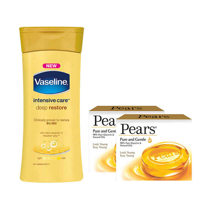 Buy Vaseline Intensive Care Deep Restore Body Lotion (300 ml) & Get 2 Pears Pure & Gentle Soap Bars (75 g) Free - Purplle
