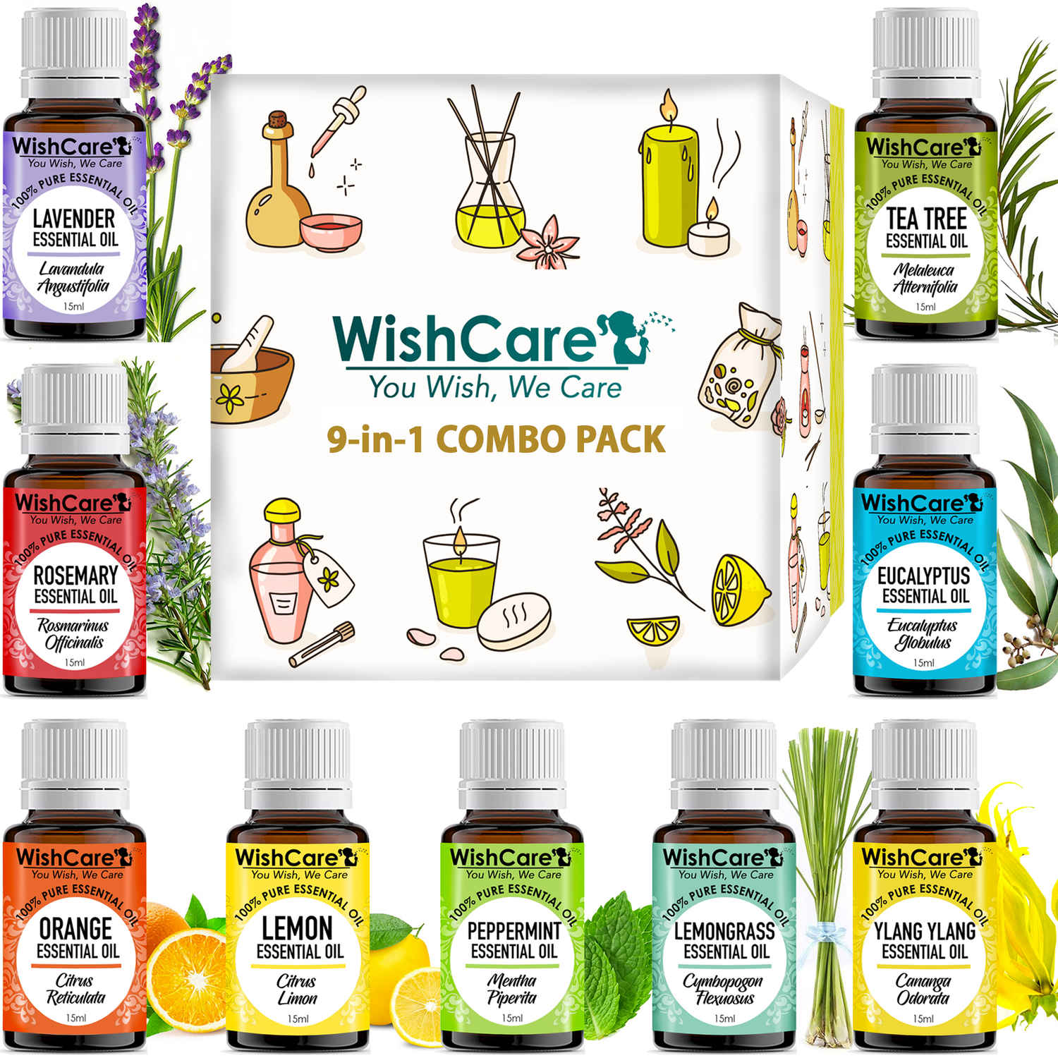 Buy WishCare Essential Oil 9 In One Pack |Undiluted & Natural Therapeutic Grade| Lemon Grass, Lemon, Lavender , Orange, Tea Tree, Peppermint, Eucalyptus, Rosemary, Ylang Ylang, 15 ML Each - Purplle