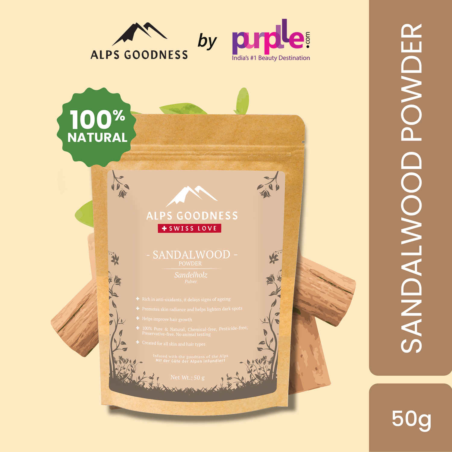 Buy Alps Goodness Powder - Chandan (50 g) | Sandalwood Powder| Chandan Powder| 100% Natural Powder | No Chemicals, No Preservatives, No Pesticides | Face Mask for Even Toned Skin | Face Mask for Glow - Purplle