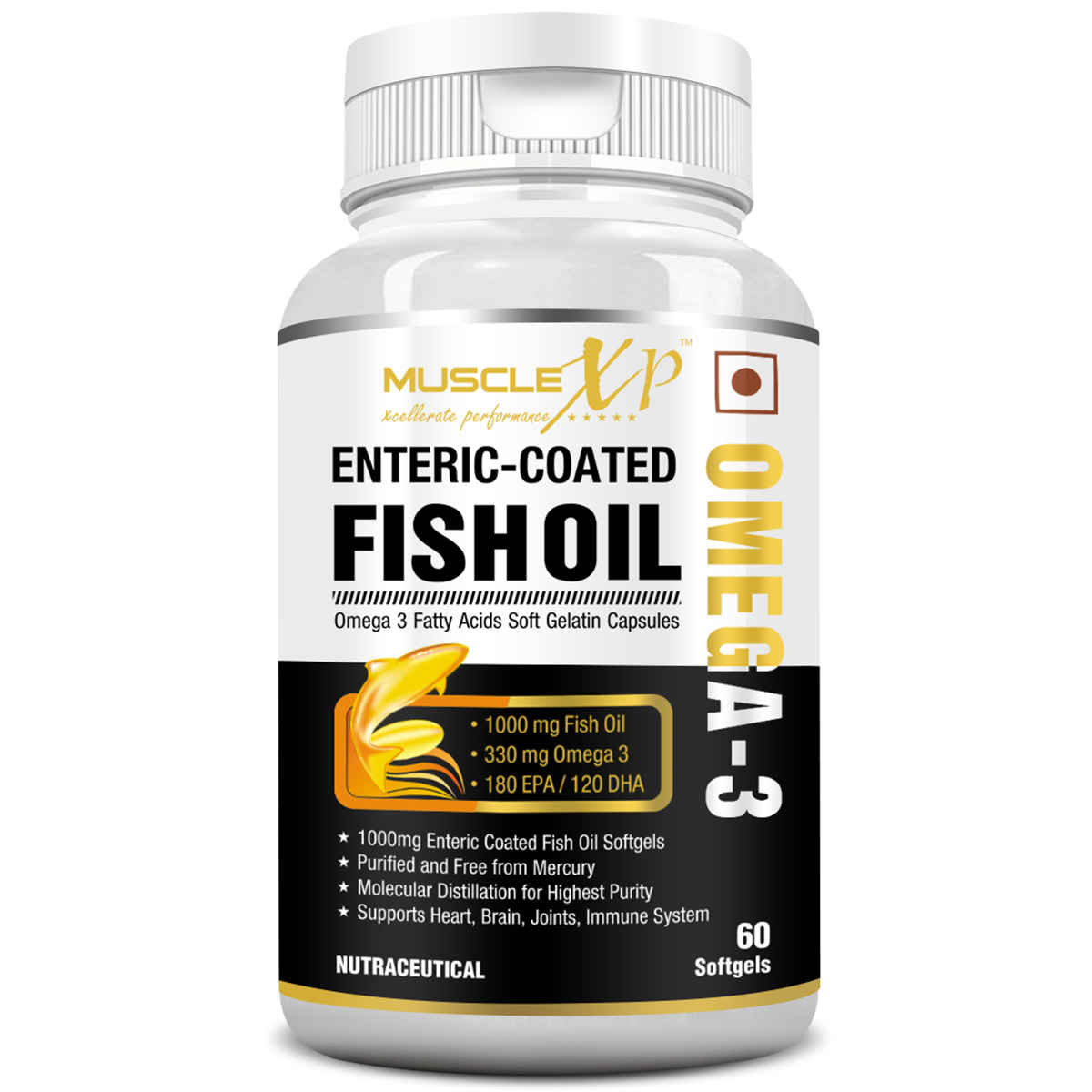 Buy MuscleXP Omega 3 Fish Oil 1000 mg (180mg EPA and 120mg DHA) - 60 Enteric Coated Softgels - Purplle