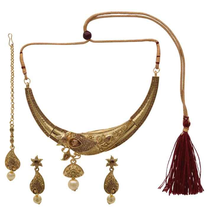 Buy Kord Store Jewellery Set - Special Design American Diamond Engraved Golden Necklace With An Adorable Mangtika And A Pair Of Beautiful Earrings KSNKE60095 - Purplle