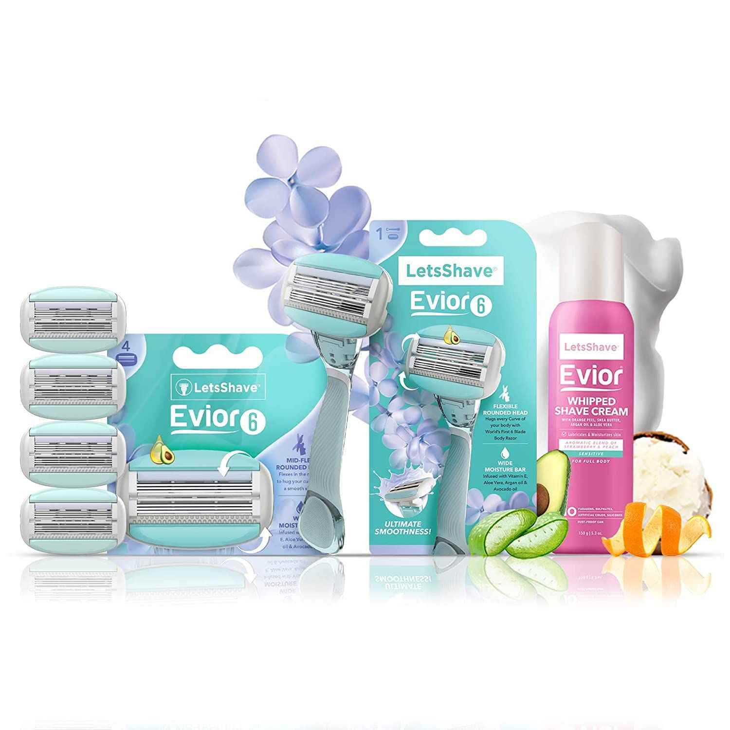Buy LetsShave Evior 6 Body Razor Value Kit for Women - Pack of 4 Evior 6 Blades + Razor Handle + Women Whipped shave cream- 150 g - Purplle