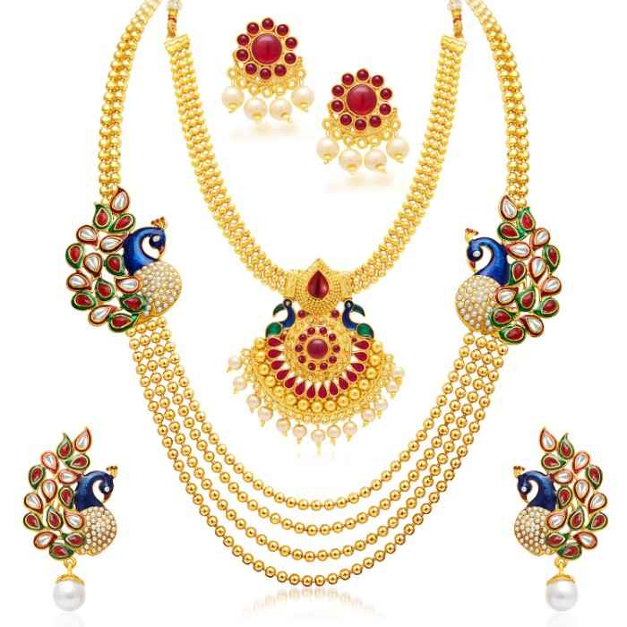 Buy Sukkhi Amazing Pearl Gold Plated Wedding Jewellery Kundan Peacock Meenakari Multi-String Necklace Set Combo For Women - Purplle