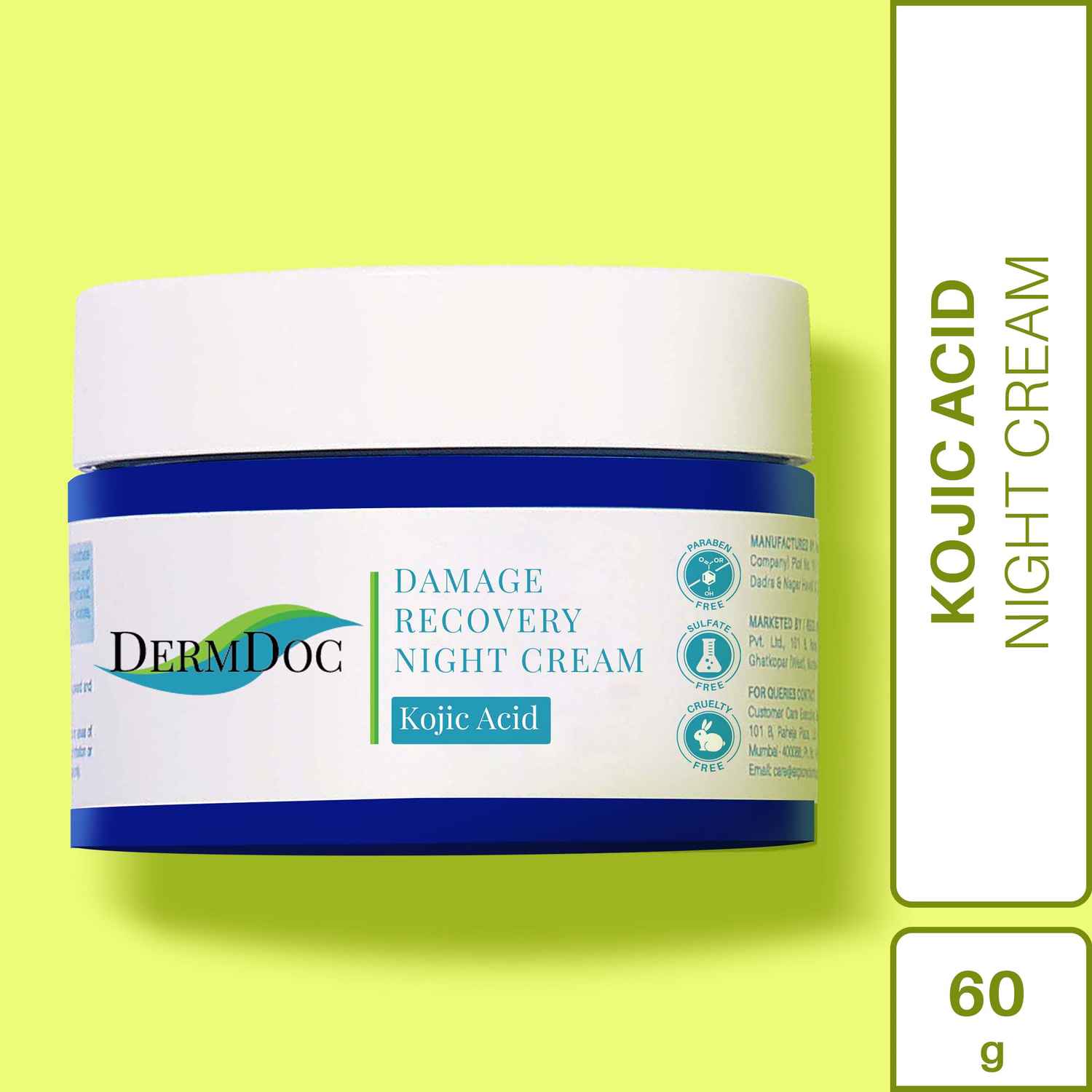 Buy DermDoc Damage Recovery Night Cream with 2% Kojic Acid (60 gm) | For All Skin Type | Lightweight Cream , Lightens blemishes , Treats sun damage scars and age spots | Paraben Free , Silicone Free , Sulfate Free , Cruelty Free - Purplle