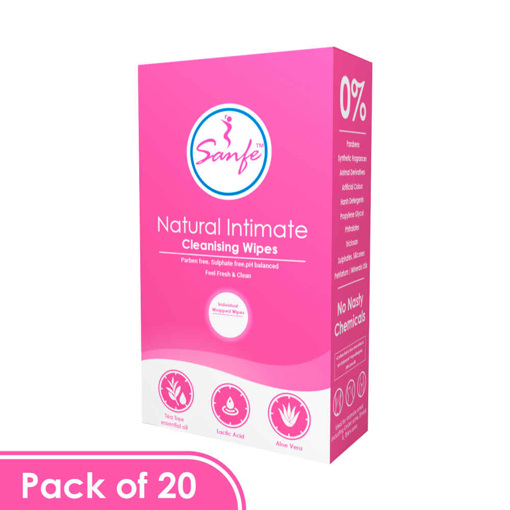 Buy Sanfe Natural Intimate Wipes - 20 Count | 20 Individually Wrapped Wipes |pH Balanced with Tea Tree Essential Oil and Alovera Extracts - Purplle