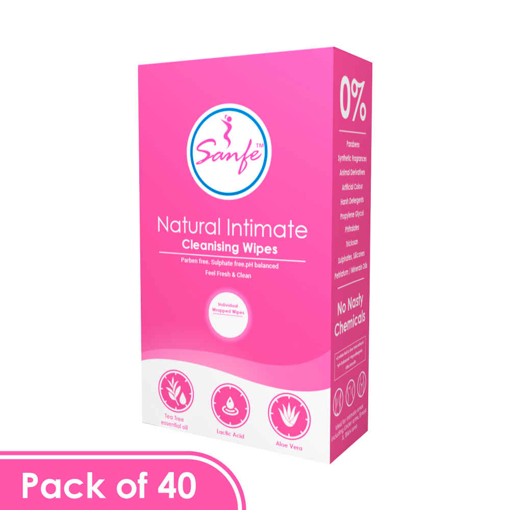 Buy Sanfe Natural Intimate Wipes - 40 Count | 40 Individually Wrapped Wipes |pH Balanced with Tea Tree Essential Oil and Alovera Extracts - Purplle