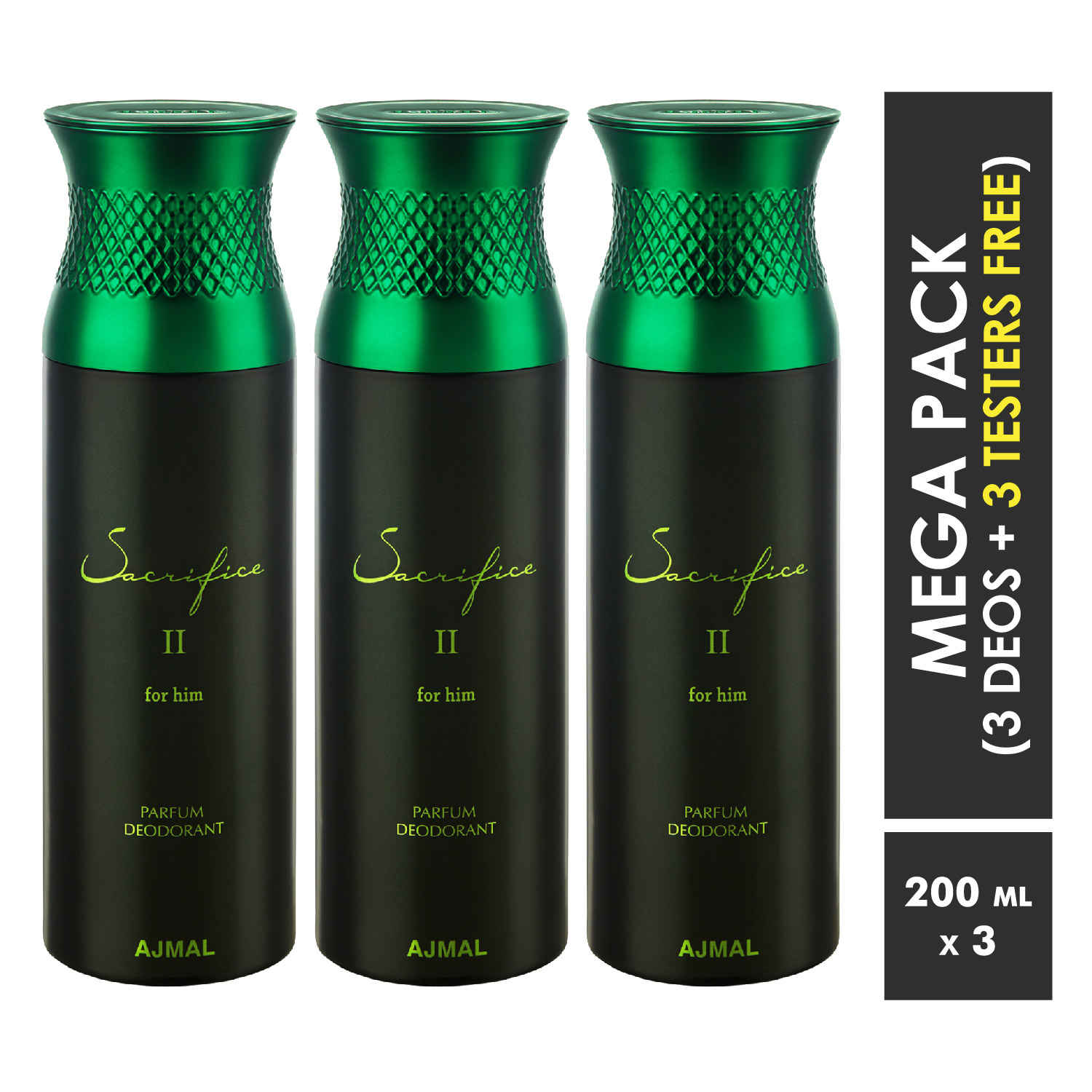 Buy Ajmal Sacrifice II Deodorant Spray For Men 200ml each (Pack of 3, 600ml) + 3 Parfum Testers Free - Purplle