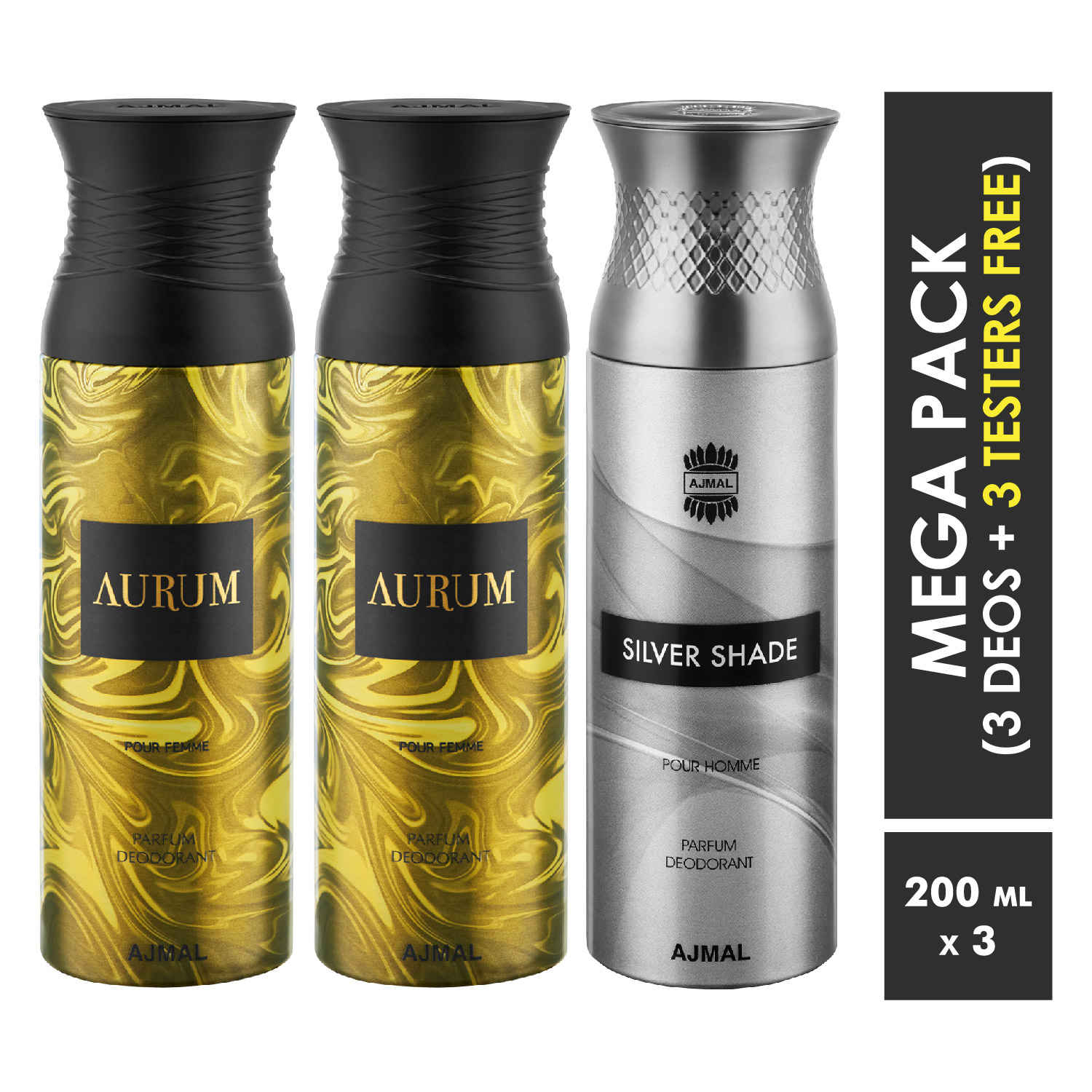 Buy Ajmal Aurum & Aurum & Silver Shade Deodorant Spray For Men & Women 200ml each (Pack of 3, 600ml) + 3 Parfum Testers Free - Purplle