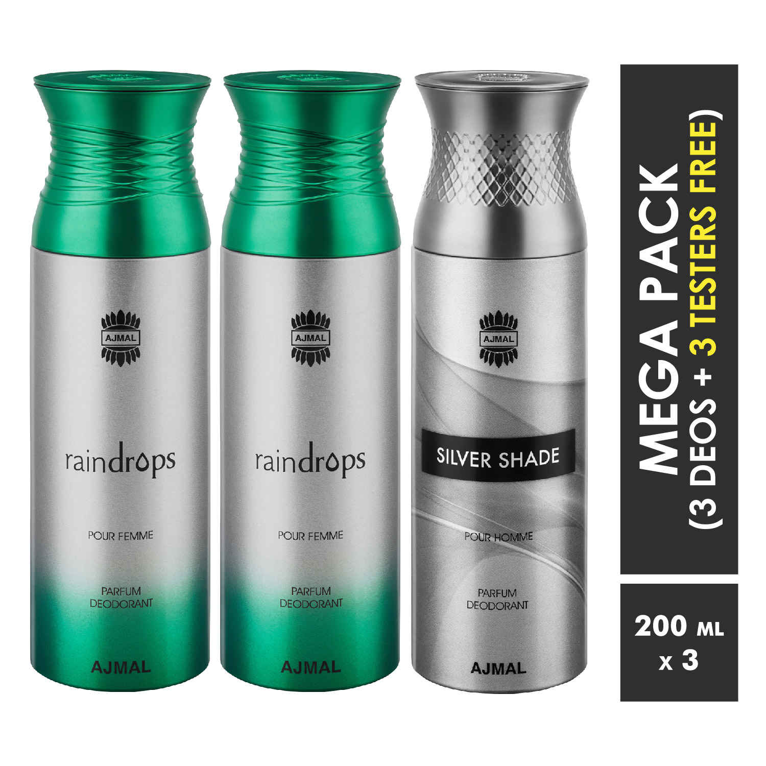 Buy Ajmal Raindrops & Raindrops & Silver Shade Deodorant Spray For Men & Women 200ml each (Pack of 3, 600ml) + 3 Parfum Testers Free - Purplle