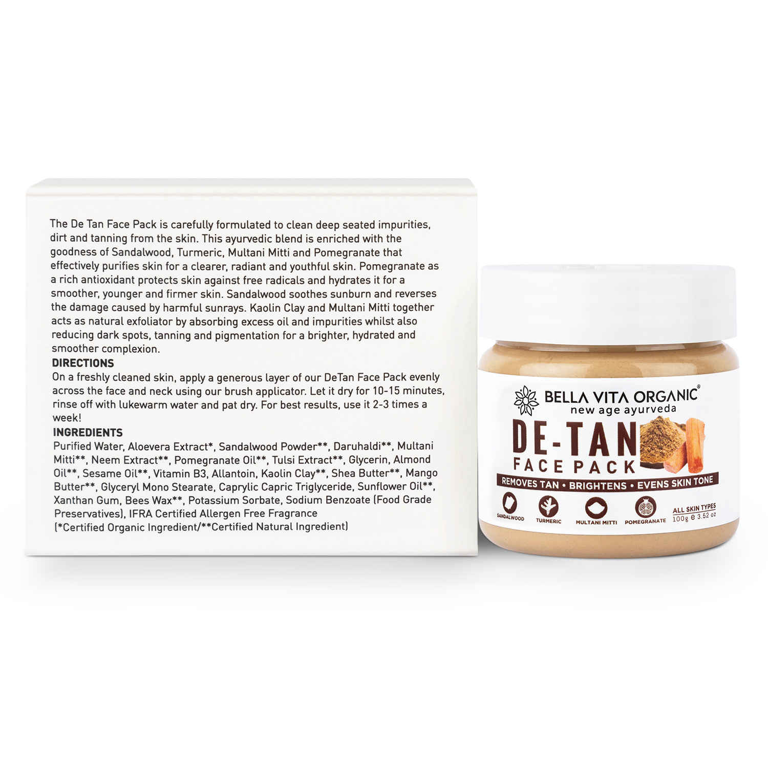 Buy Bella Vita Organic De Tan Removal Face Pack For Fairness,Whitening, Skin Tightening, Glow & Sun Protect For Women and Men (60 g) - Purplle