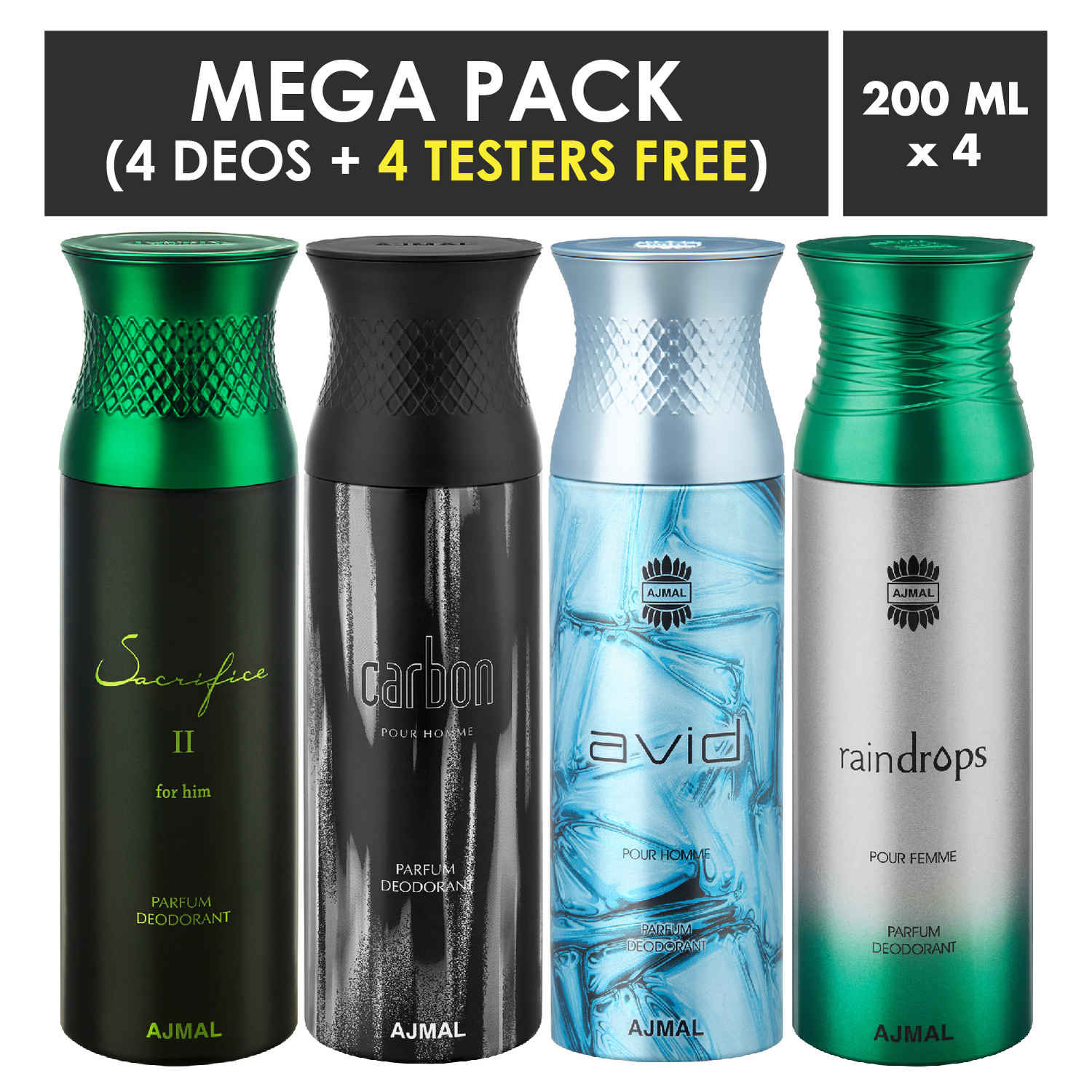 Buy Ajmal SacrificeIIHim & Carbon & Avid & Raindrops Deodorant Spray For Men 200ml each (Pack of 4, 800ml) + 4 Parfum Testers Free - Purplle