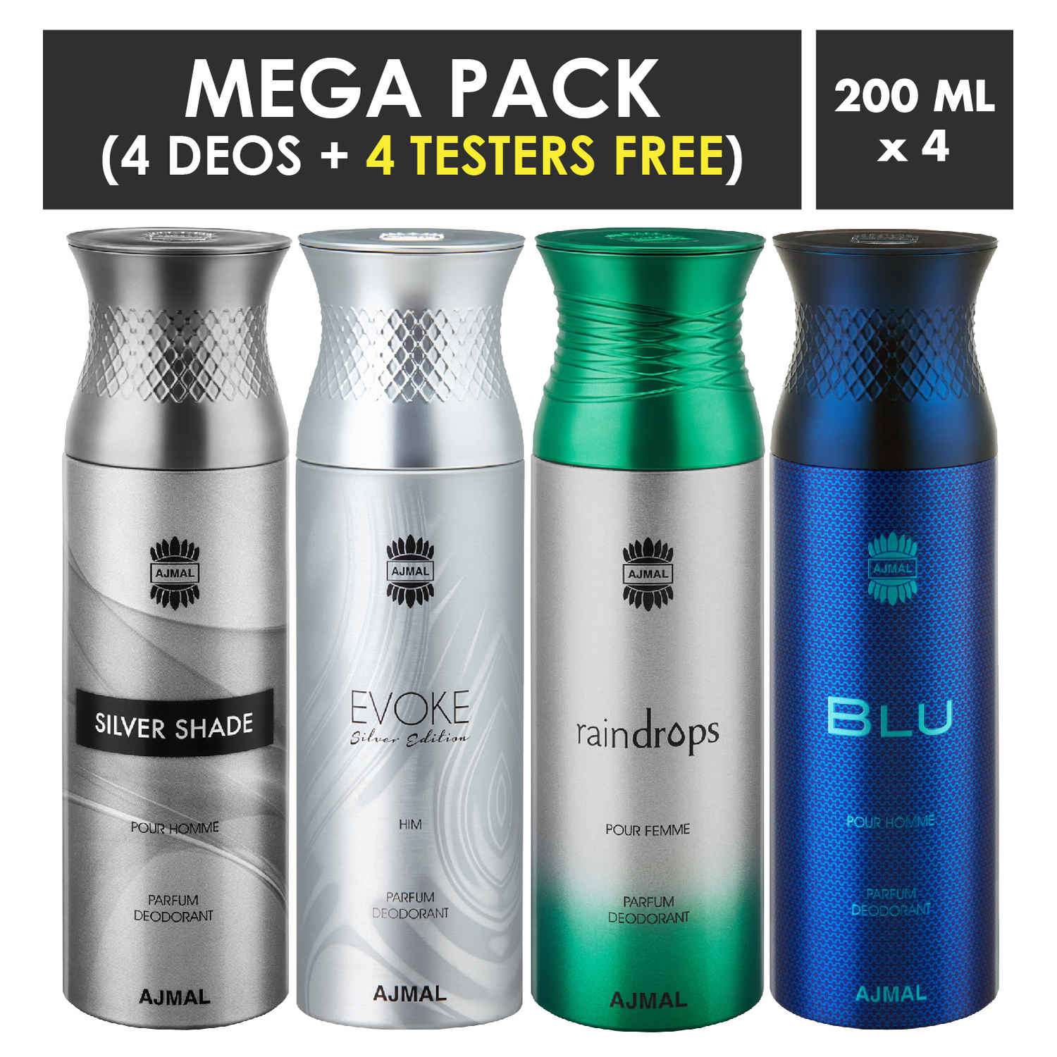 Buy Ajmal Silver Shade & EvokeSilver Edition Homme & Raindrops & Blu Deodorant Spray For Men 200ml each (Pack of 4, 800ml) + 4 Parfum Testers Free - Purplle