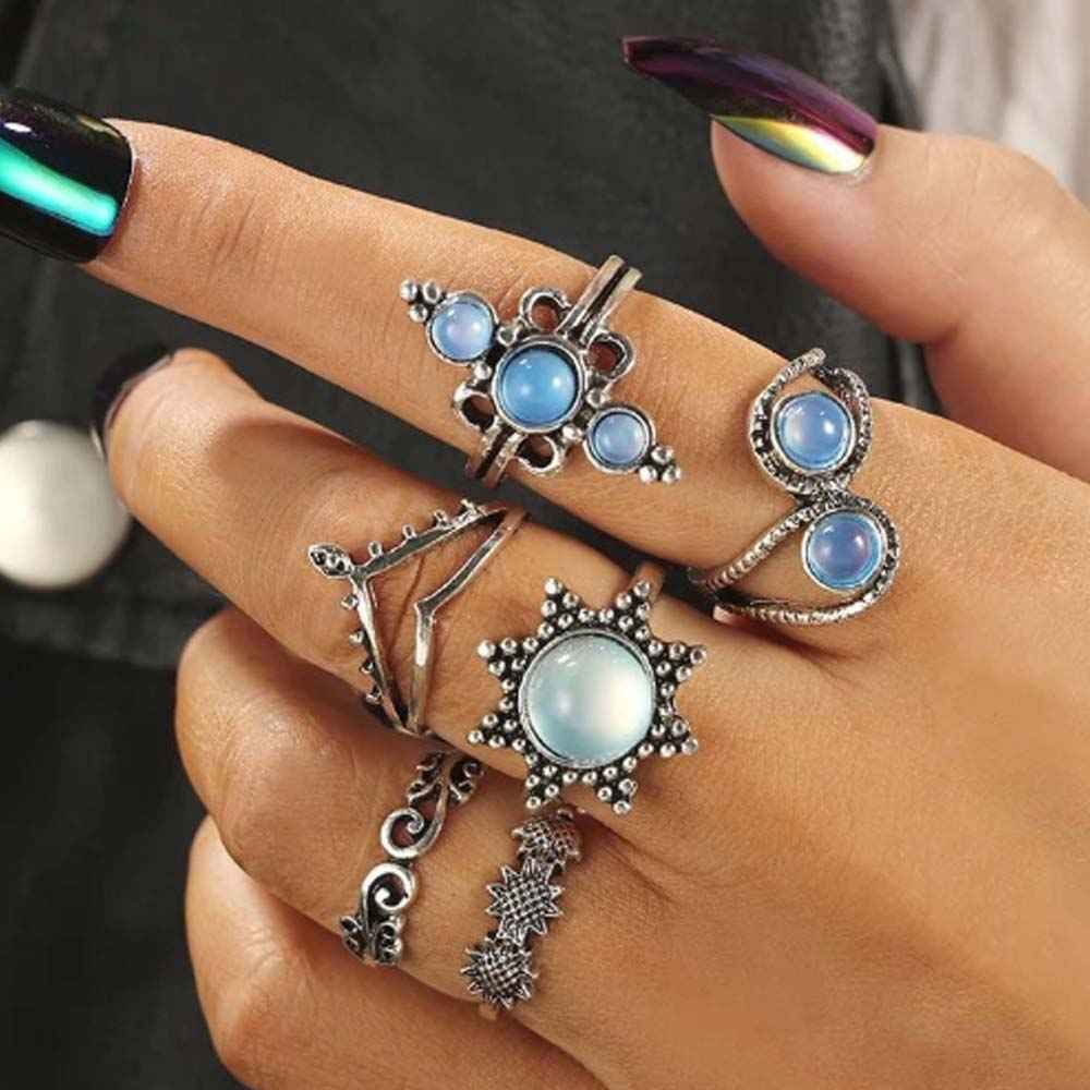 Buy Ferosh Minerva Silver Oxidized Crystal 6 Rings Set - Purplle