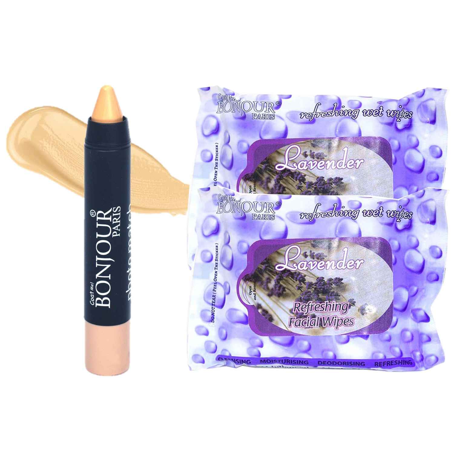Buy Bonjour Paris Photo Match Crayon Concealer (Ivory) + Wet Facial Wipes (Lavender Flavor)- Pack of 2 CKB04-08-WPB02-LV-2PC - Purplle
