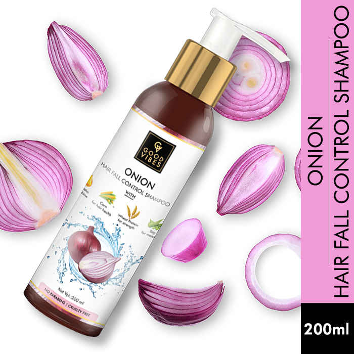 Buy Good Vibes Onion Hairfall Control Shampoo With Keratin, Corn, Wheat Protein & Soy | Strengthening | No Parabens, No Animal Testing (200 ml) - Purplle