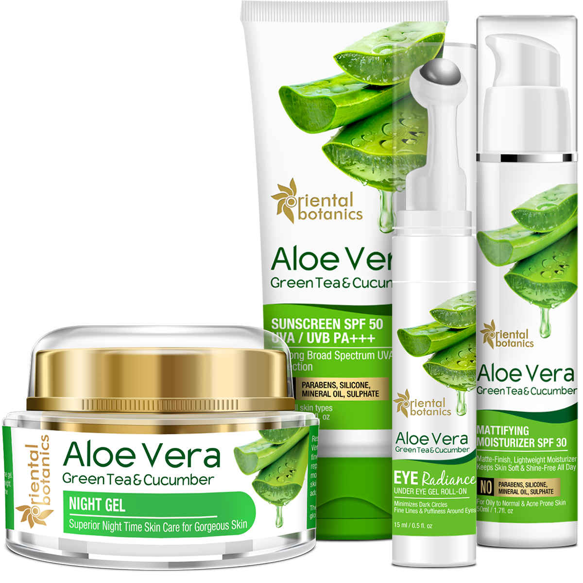 Buy Oriental Botanics Daily Essentials Kit | Night Gel 50g + Sunscreen 100ml + Under Eye Roll On 15ml + Mattifying Moisturizer 50ml - Purplle