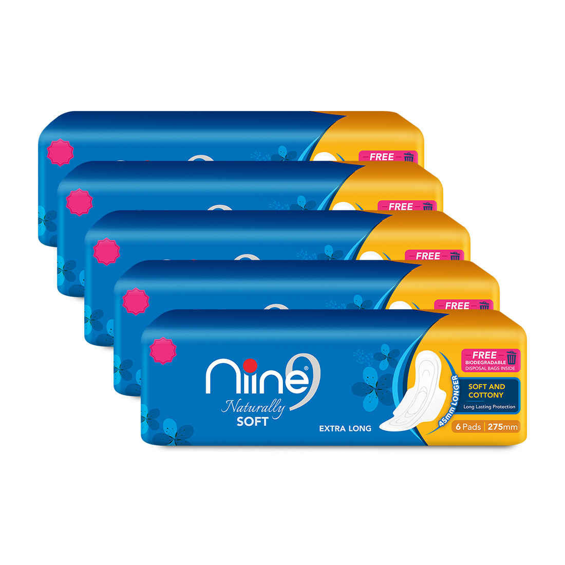 Buy NIINE Naturally Soft Extra Long Sanitary Pads for women with Free Biodegradable Disposable Bags (Pack of 5), 30 Pads Count - Purplle