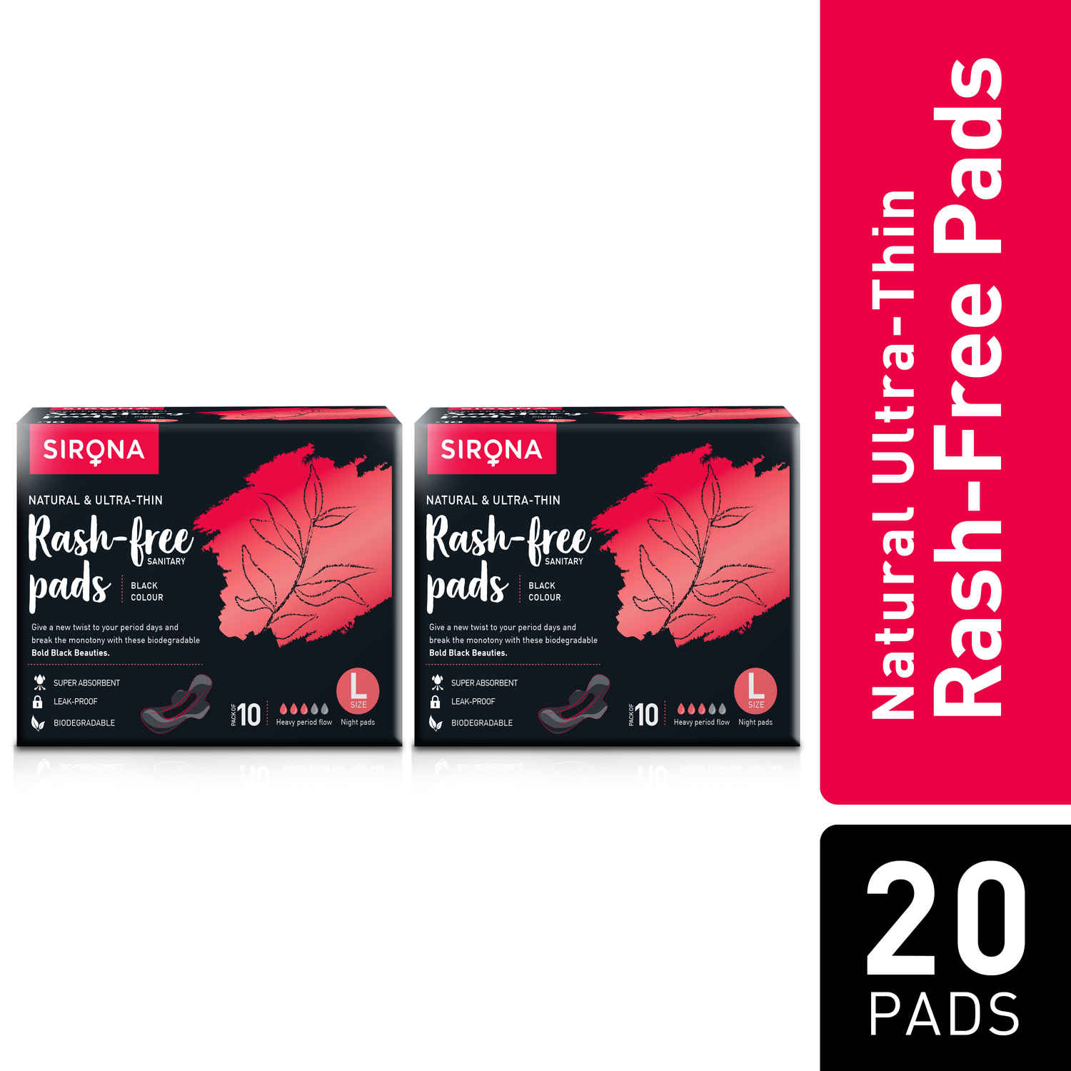 Buy Sirona Biodegradable Super Soft Black Sanitary Pads/Napkins, Antibacterial, Ultra Thin and Rash Free Protection - Large (L) Night Pads - 20 Count (2 Pack - 10 Pads Each) - Purplle