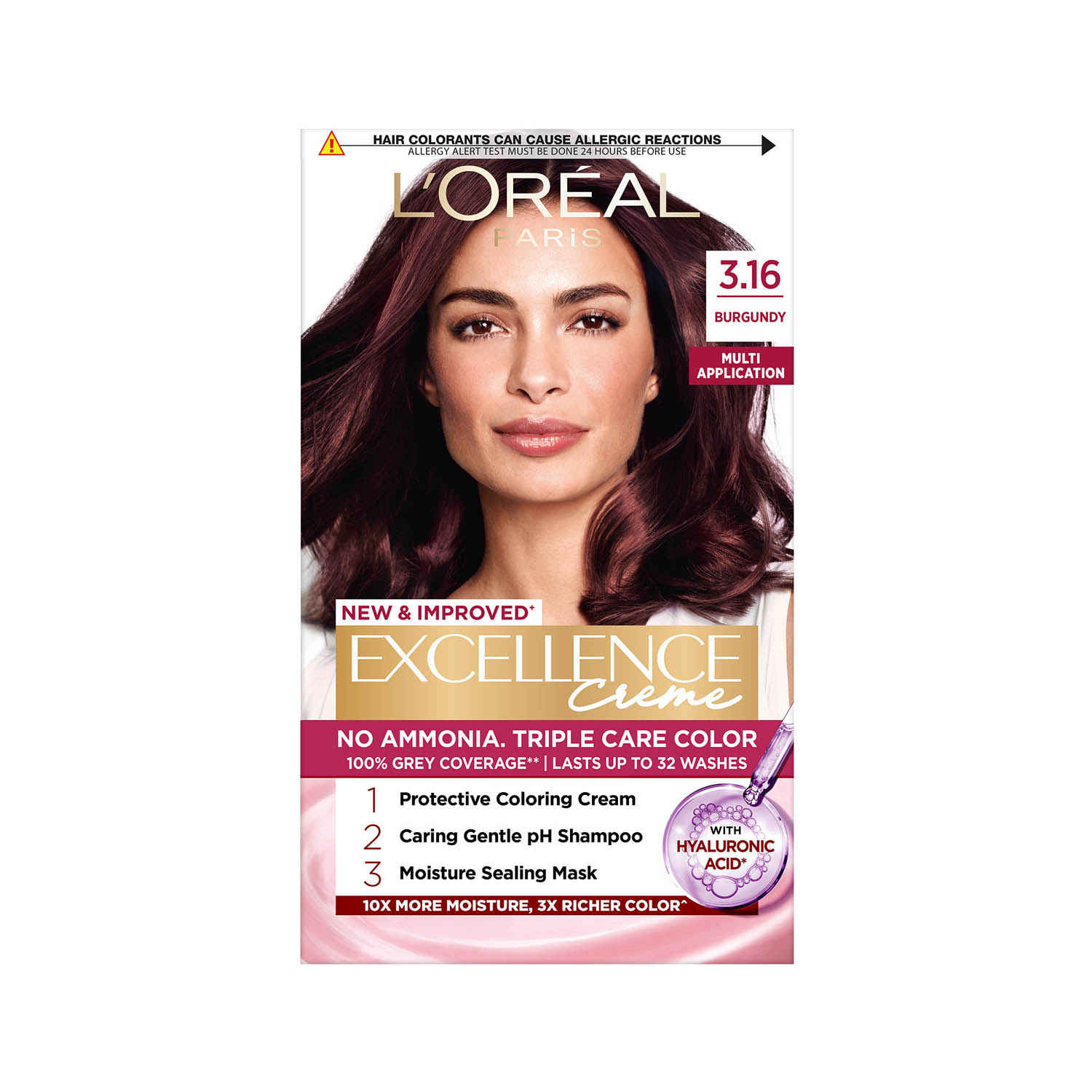 Buy L'Oreal Paris Permanent Hair Colour, Radiant At-Home Hair Colour with up to 100% Grey Coverage, Pro-Keratin, Up to 8 Weeks of Colour, Excellence Creme, 3.16 Burgundy, 72 ml + 100 gm - Purplle