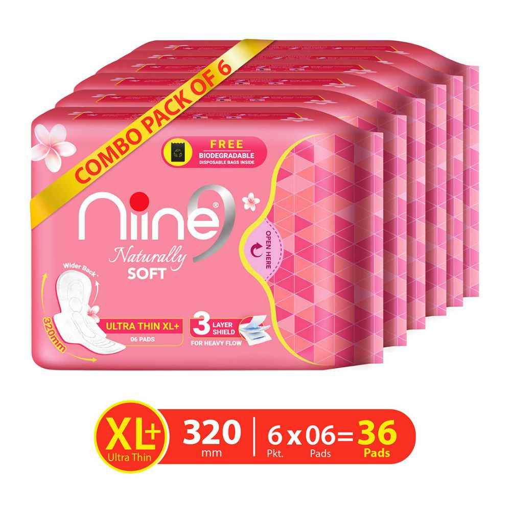 Buy Niine Naturally Soft Ultra Thin XL+, Sanitary Napkins with Free Biodegradable Disposal Bags Inside (Pack of 6), 36 Pads Count - Purplle