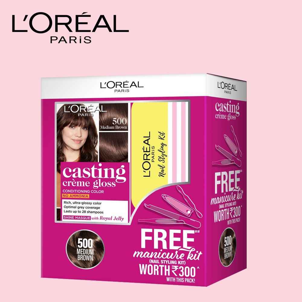 Buy L'Oreal Paris Casting Creme Gloss Hair Colour 500 Medium Brown With Manicure Kit Free - Purplle